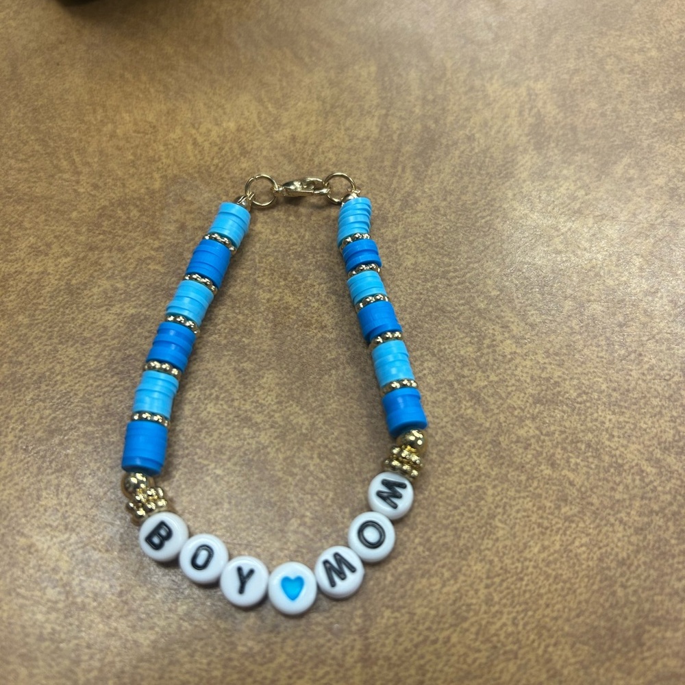 Blue and Gold Beaded 'Boy Mom' Bracelet